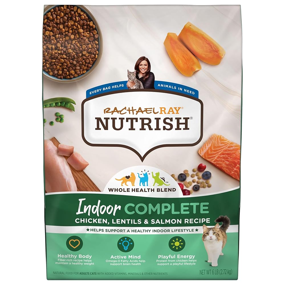 Rachael Ray Nutrish Indoor Full Premium Pure Dry Cat Meals with Added Nutritional vitamins, Minerals, and Vitamins, Rooster, Lentils & Salmon Recipe, 6 Kilos (Packaging Could Fluctuate)