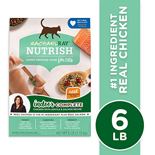 Rachael Ray Nutrish Indoor Full Premium Pure Dry Cat Meals with Added Nutritional vitamins, Minerals, and Vitamins, Rooster, Lentils & Salmon Recipe, 6 Kilos (Packaging Could Fluctuate)